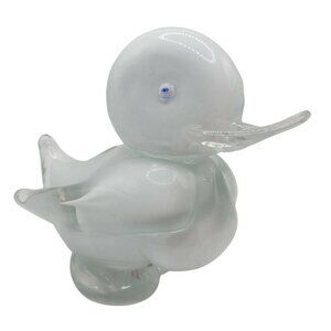 Vintage Hand Blown Glass Duckling Duck Paperweight White Clear 4.5" x 5.25" READ